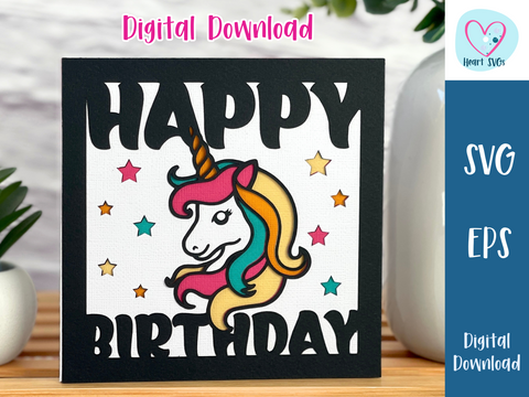 Unicorn Happy Birthday Card - SVG Digital File