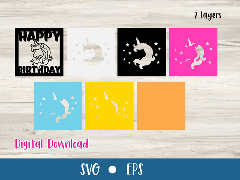 Unicorn Happy Birthday Card - SVG Digital File